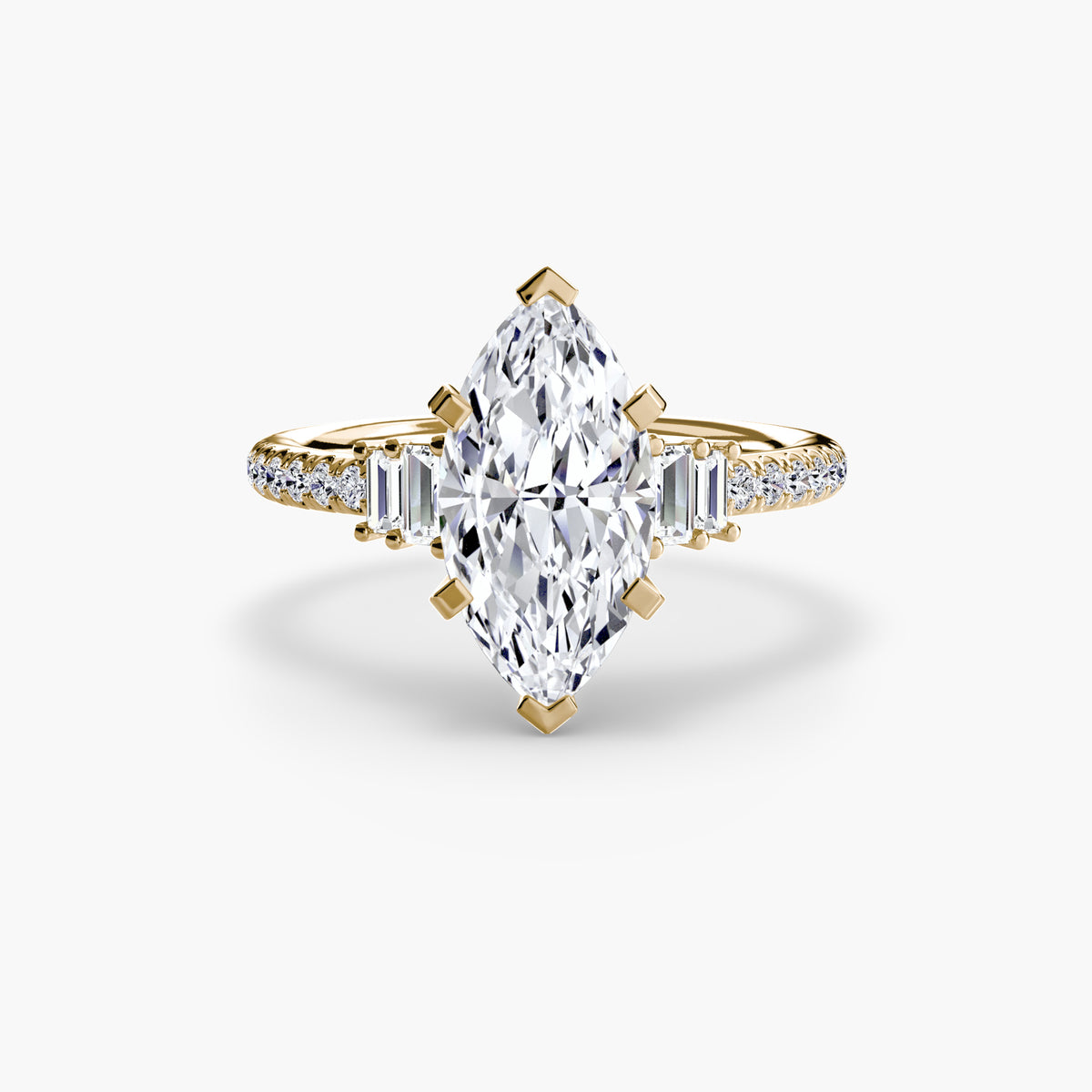Solitaire with Pavé engagement ring in yellow gold with a marquise centre stone