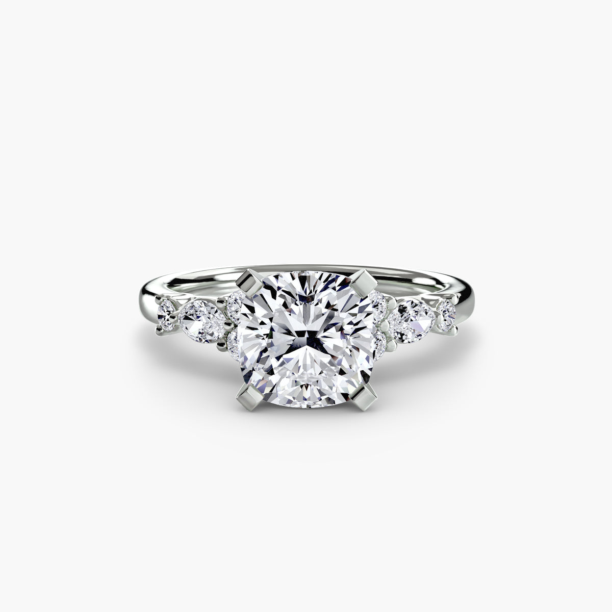 The Floral Accent Solitaire engagement ring in white gold with a cushion-cut centre stone