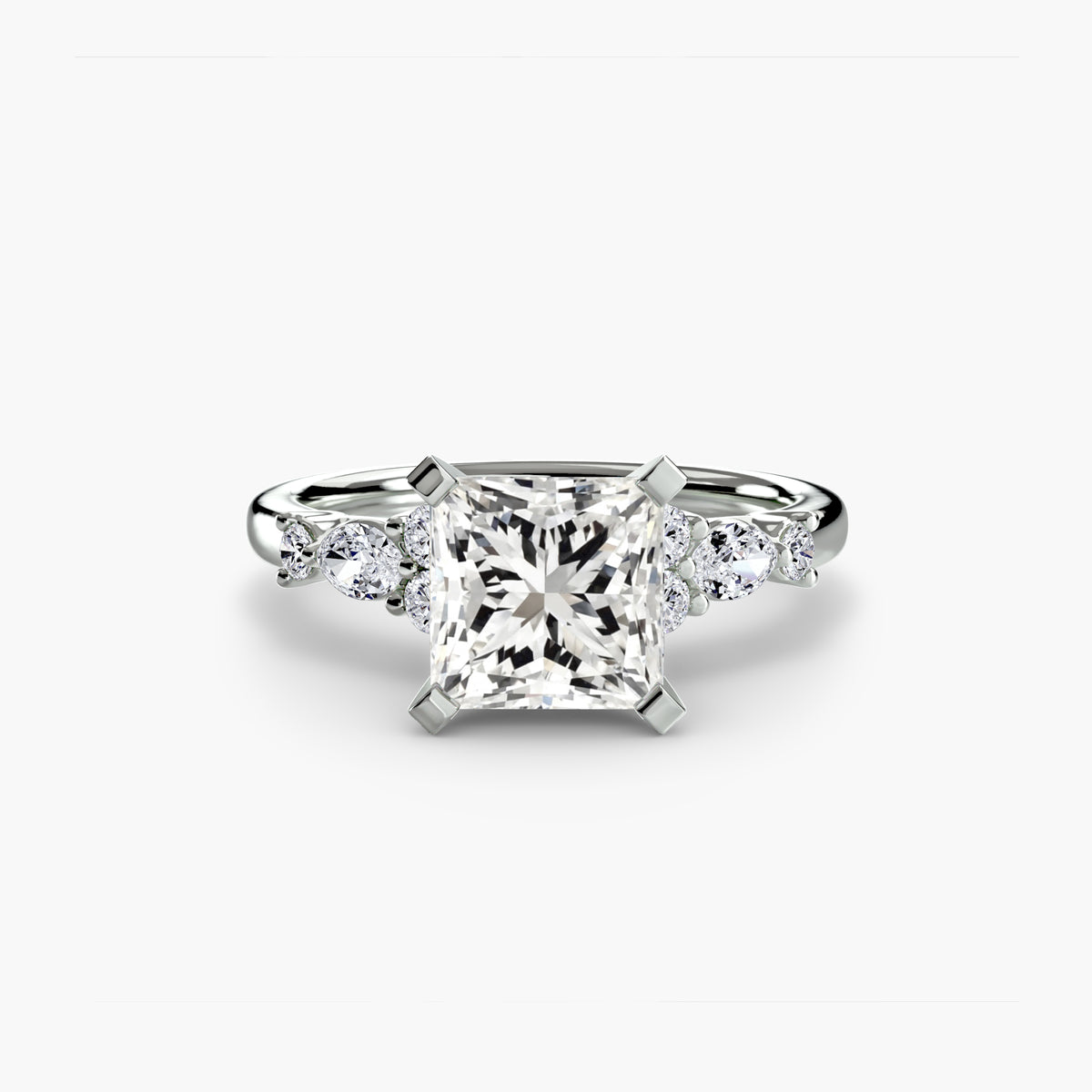 The Floral Accent Solitaire engagement ring in white gold with a princess-cut centre stone