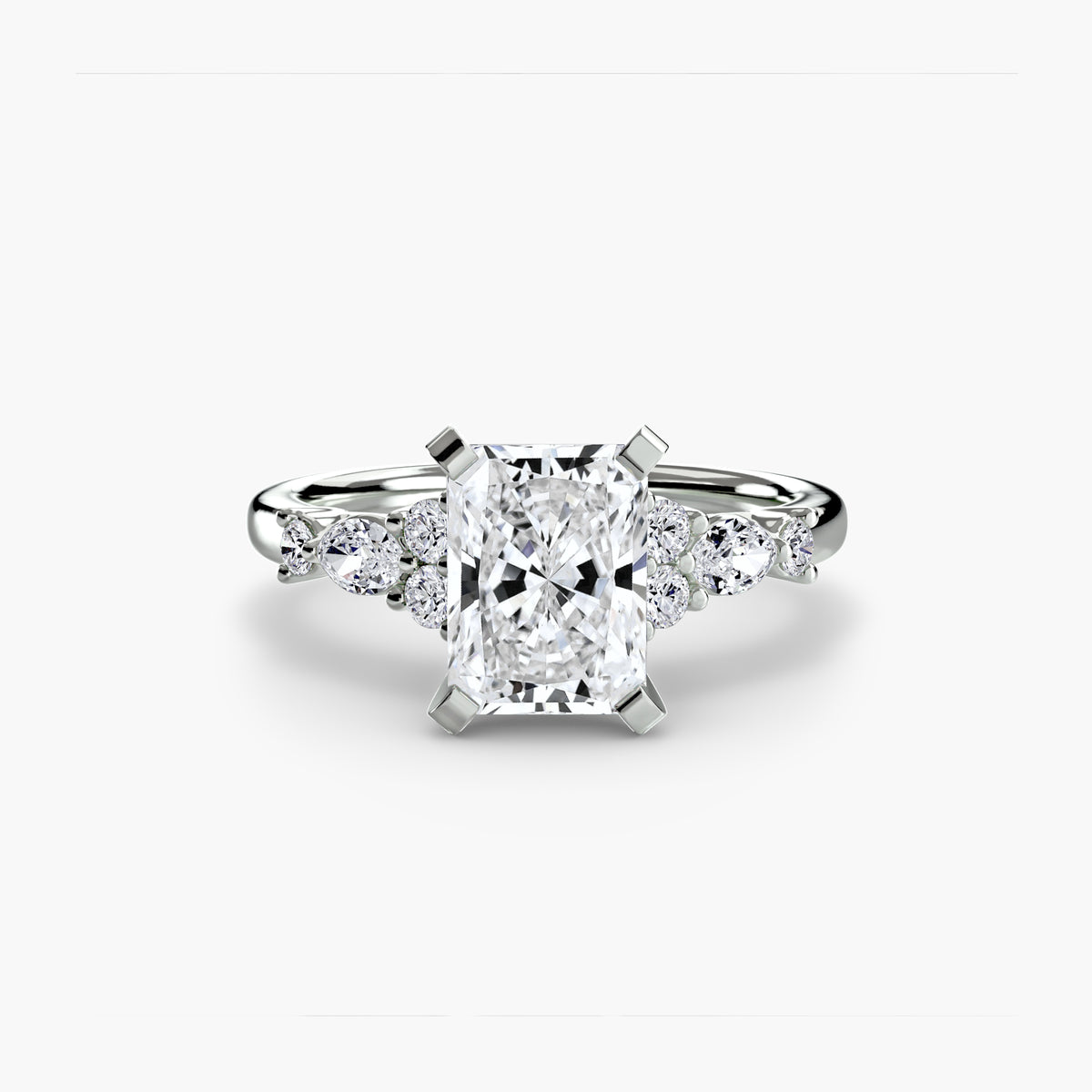 The Floral Accent Solitaire engagement ring in white gold with a radiant-cut centre stone