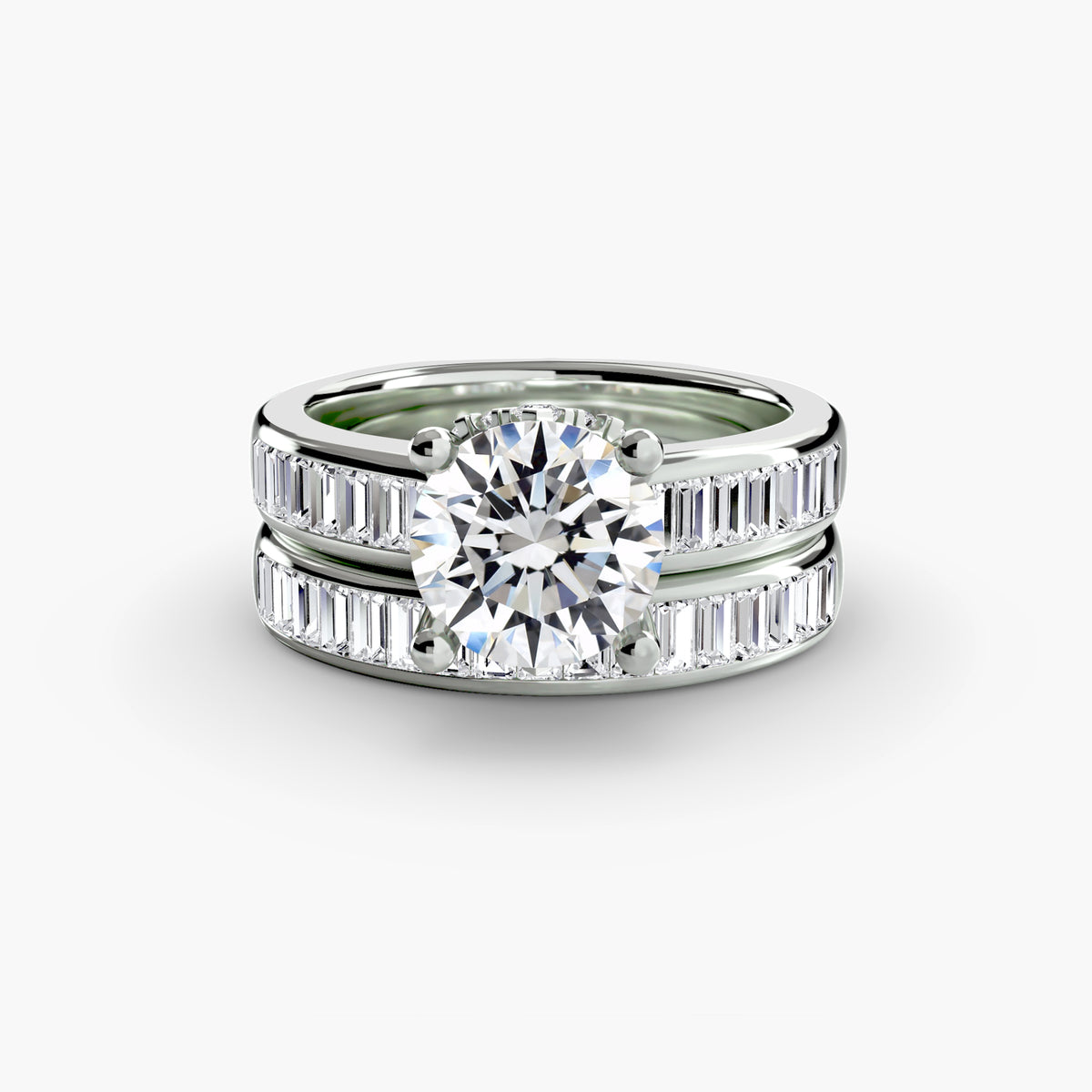 Baguette Channel Solitaire engagement ring in white gold with a round centre stone