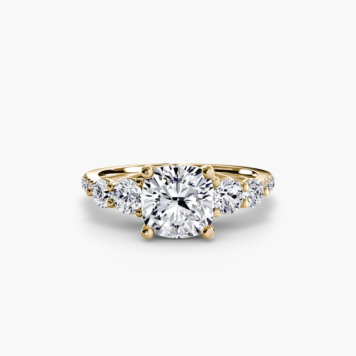 Five Stone Ring with Pavé Band in yellow gold with a cushion-cut centre stone