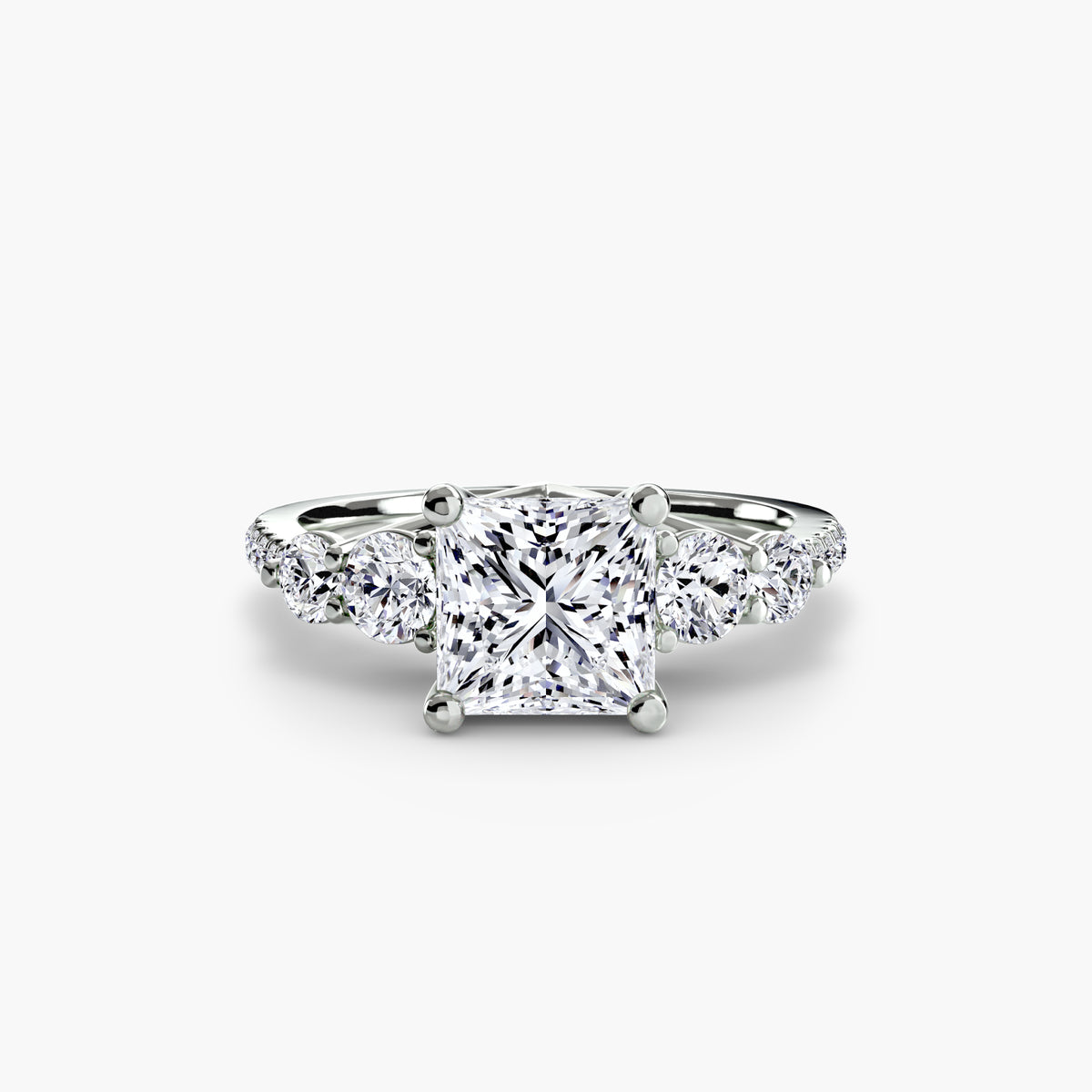 Five Stone Ring with Pavé Band in white gold with a princess-cut centre stone