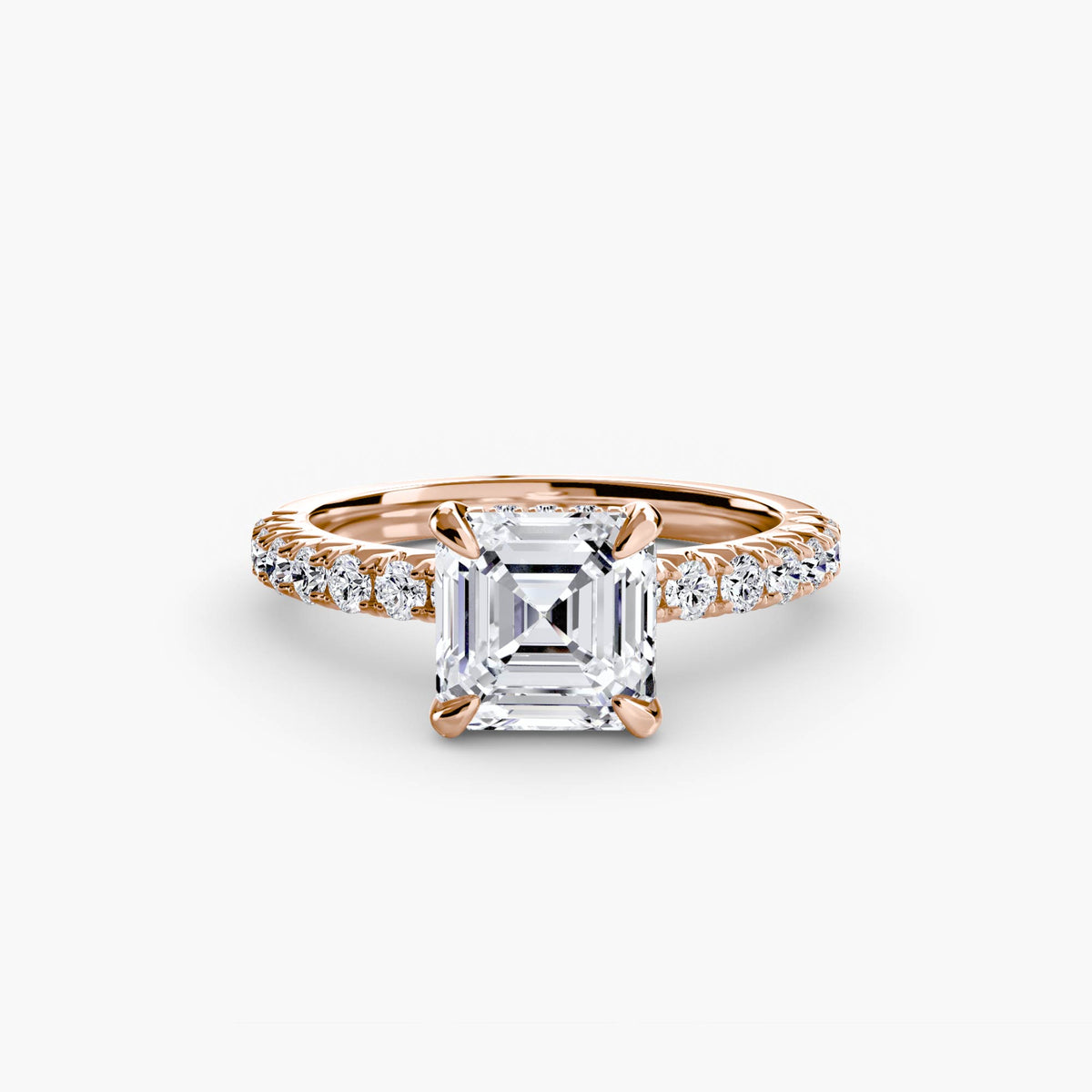 Solitaire with Pavé engagement ring in rose gold with an Asscher-cut centre stone
