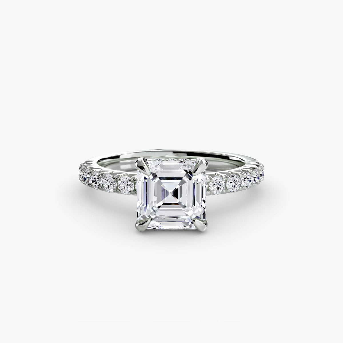 Solitaire with Pavé engagement ring in white gold with an Asscher-cut centre stone