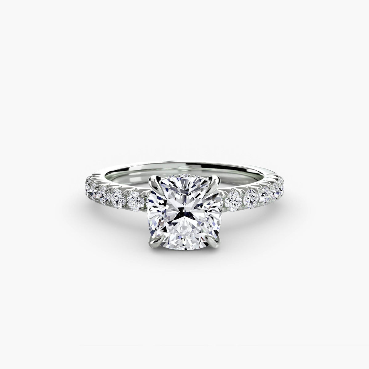 Solitaire with Pavé engagement ring in white gold with a cushion-cut centre stone