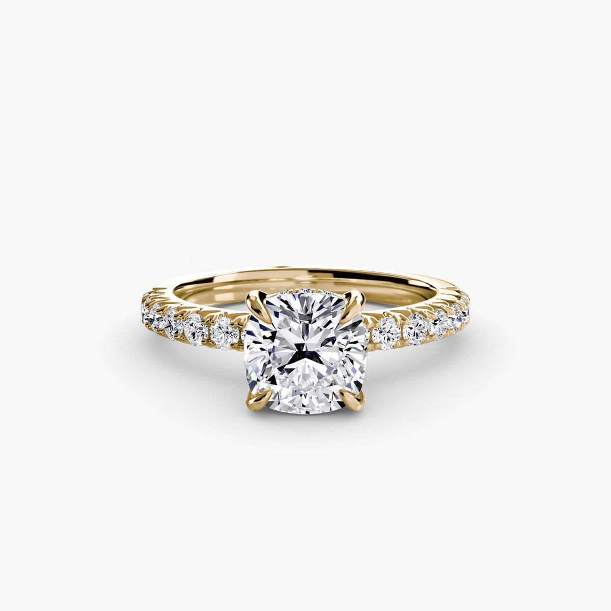 Solitaire with Pavé engagement ring in yellow gold with a cushion-cut centre stone