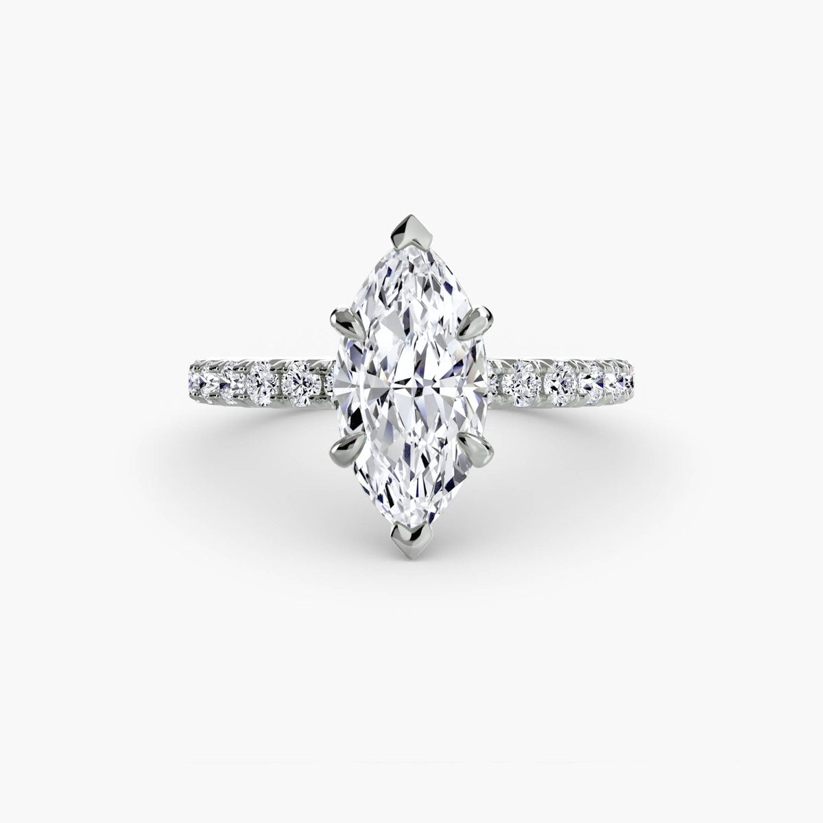 Solitaire with Pavé engagement ring in white gold with a marquise centre stone