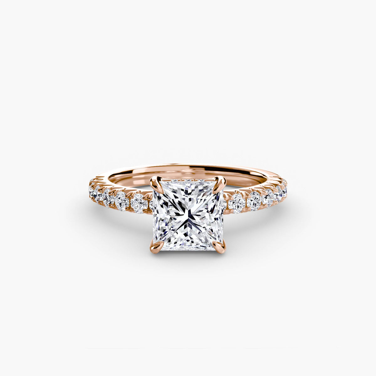 Solitaire with Pavé engagement ring in rose gold with a princess-cut centre stone