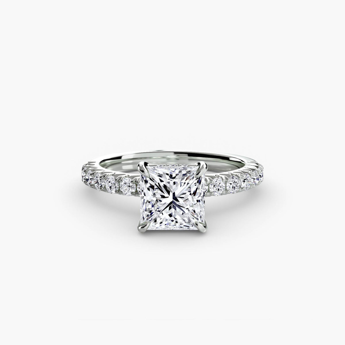 Solitaire with Pavé engagement ring in white gold with a princess-cut centre stone