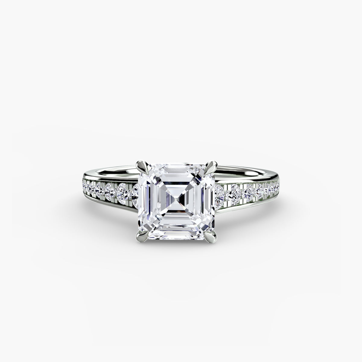 Solitaire with Pavé engagement ring in white gold with an Asscher-cut centre stone