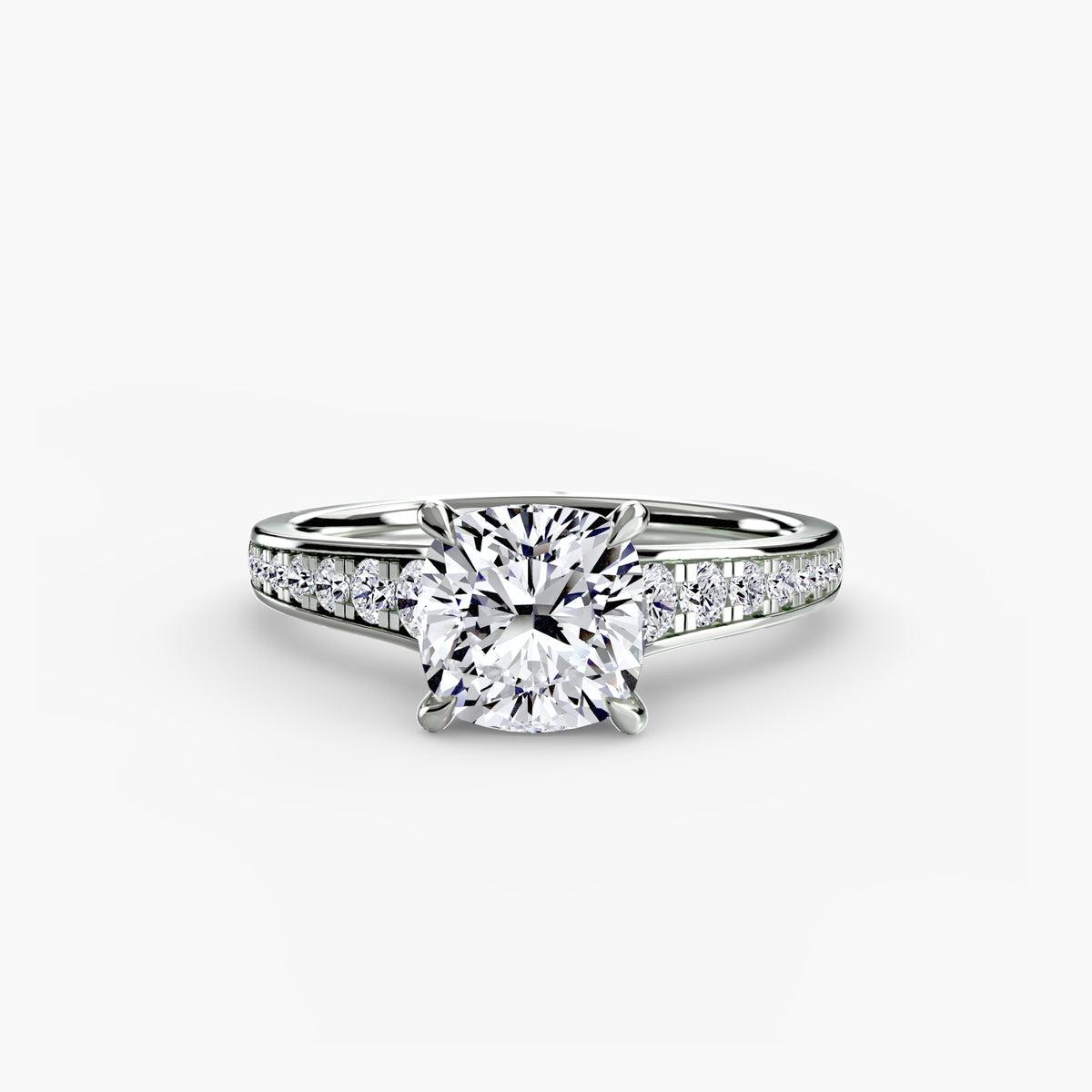 Solitaire with Pavé engagement ring in white gold with a cushion-cut centre stone