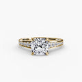 Solitaire with Pavé engagement ring in yellow gold with a cushion-cut centre stone