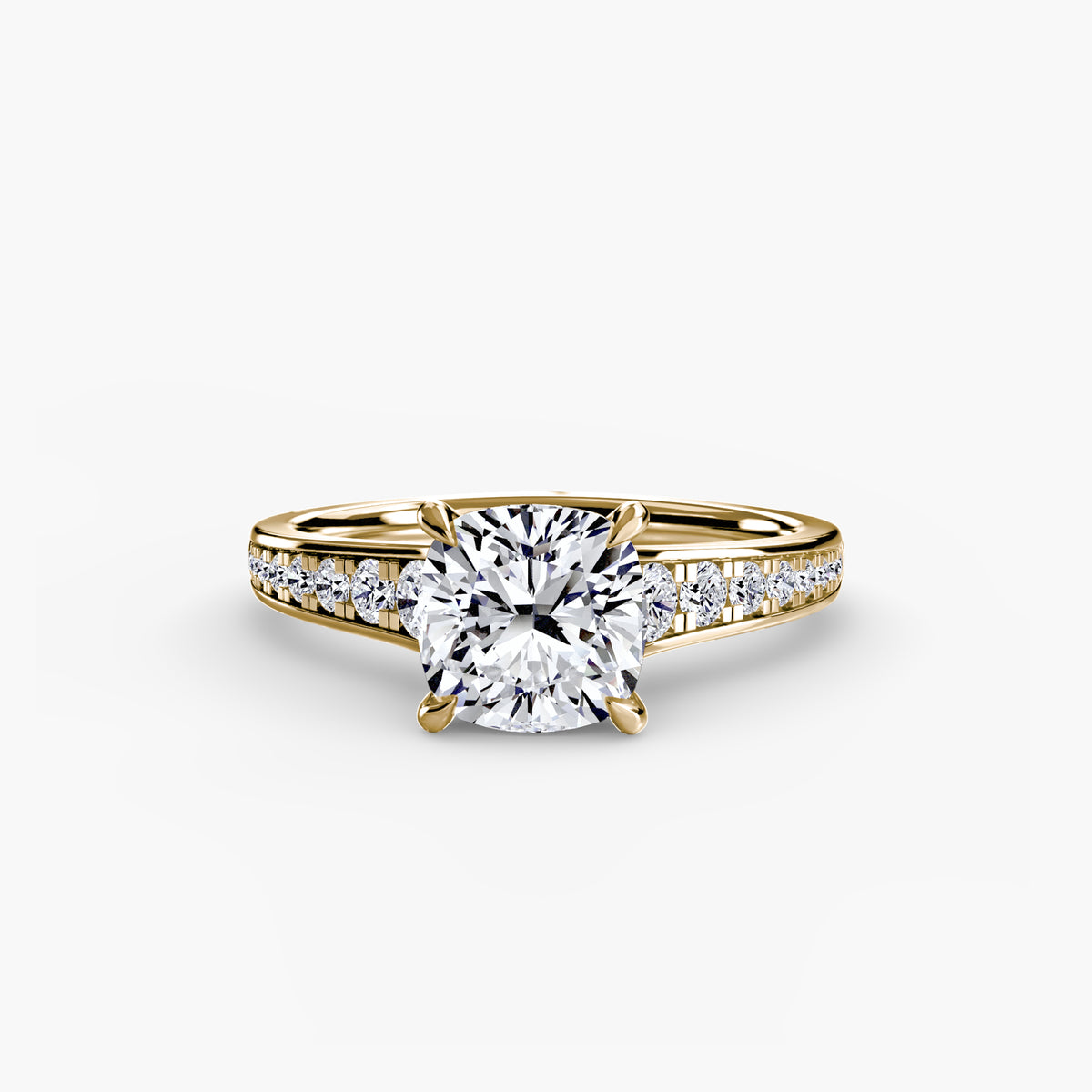 Solitaire with Pavé engagement ring in yellow gold with a cushion-cut centre stone
