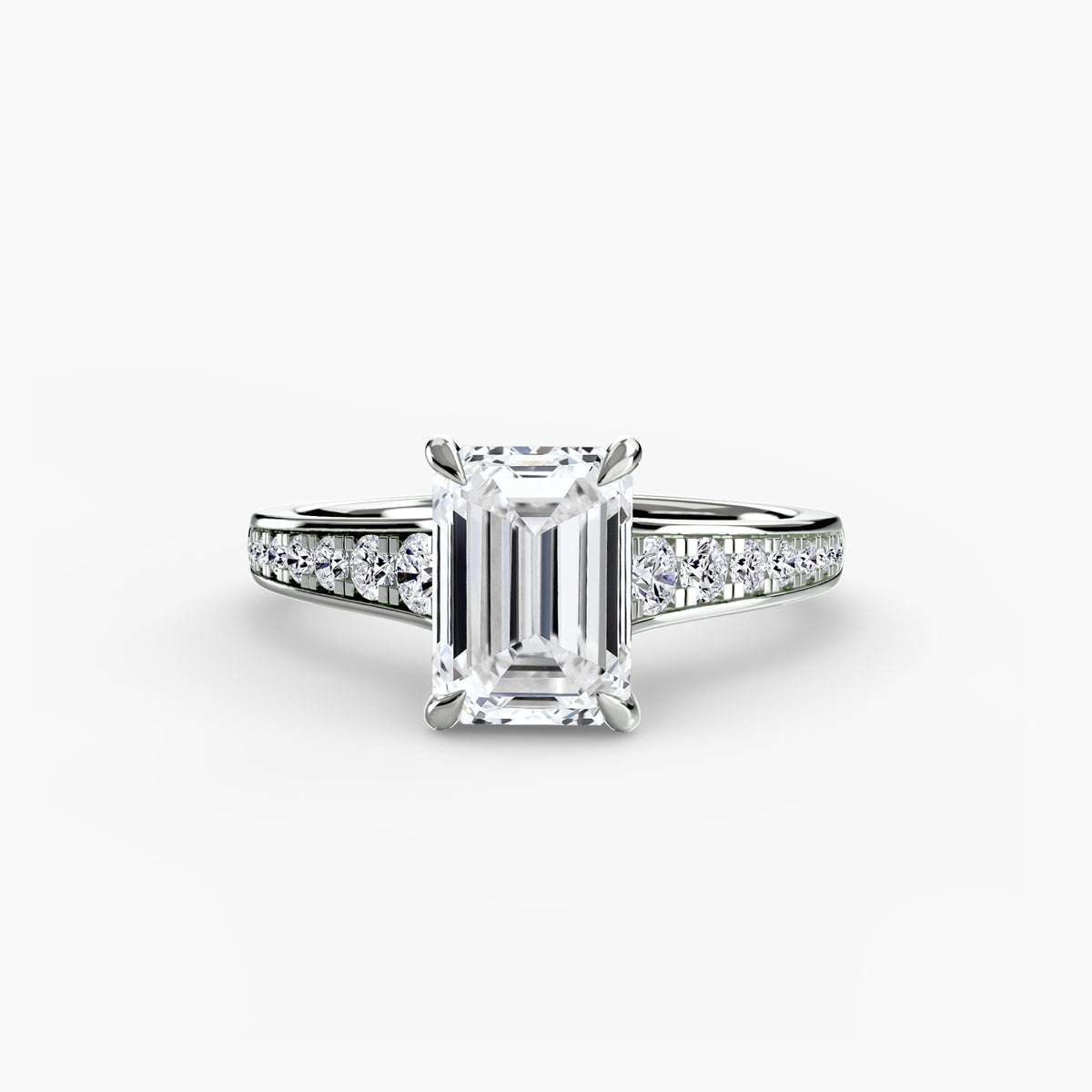 Solitaire with Pavé engagement ring in white gold with an emerald-cut centre stone