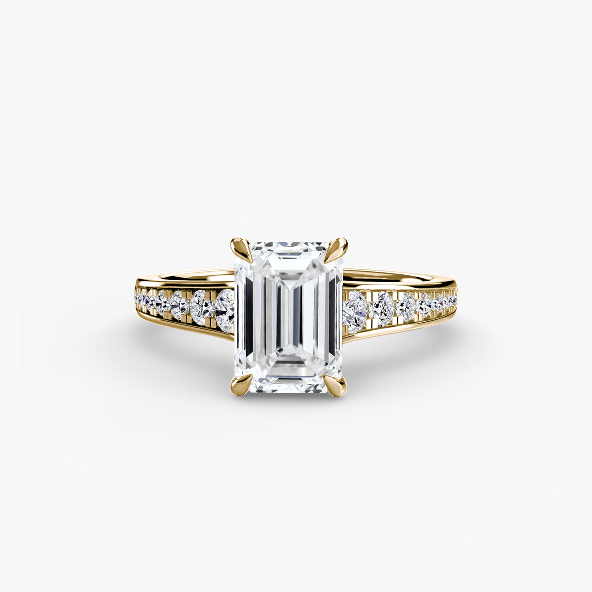 Solitaire with Pavé engagement ring in yellow gold with an emerald-cut centre stone