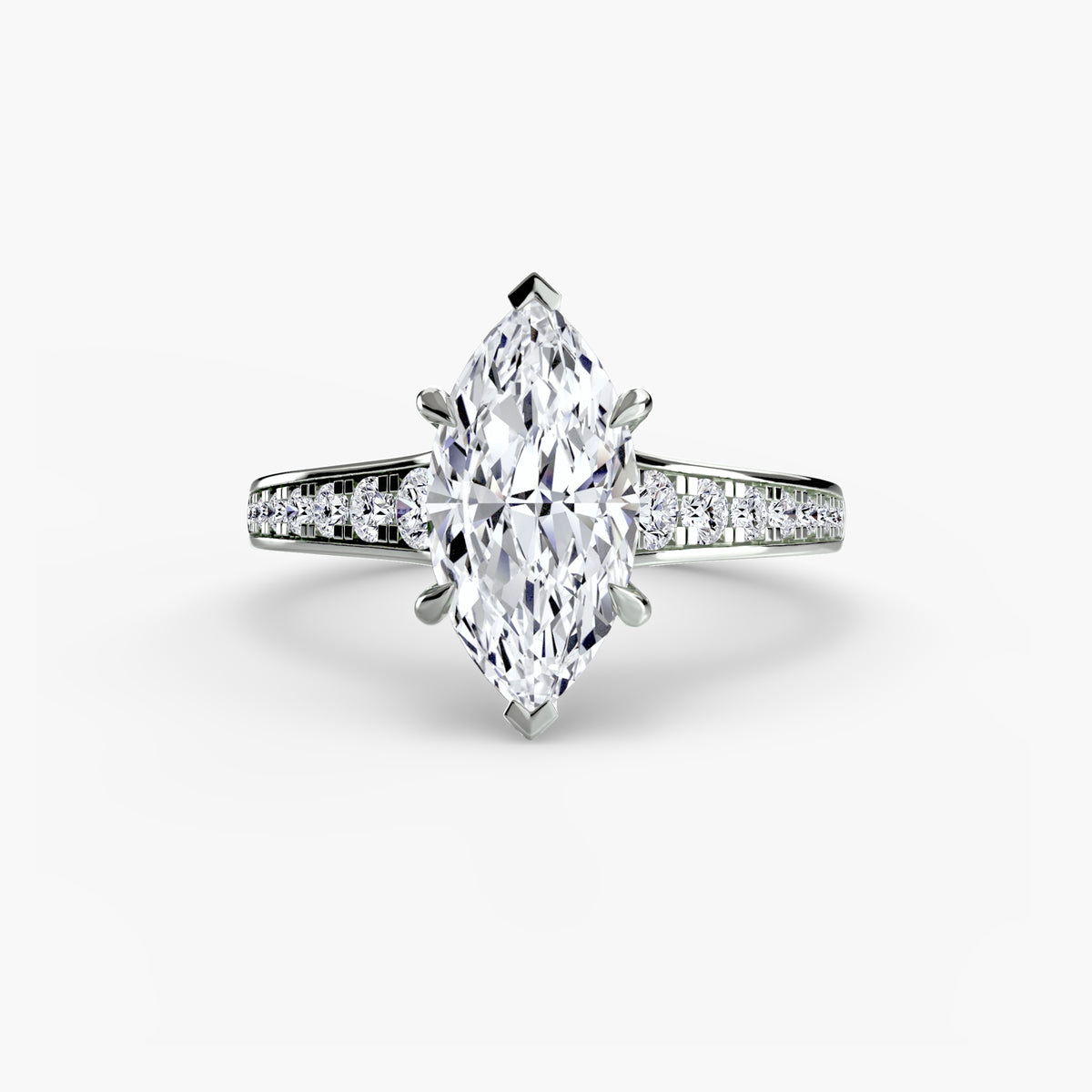 Solitaire with Pavé engagement ring in white gold with a marquise centre stone