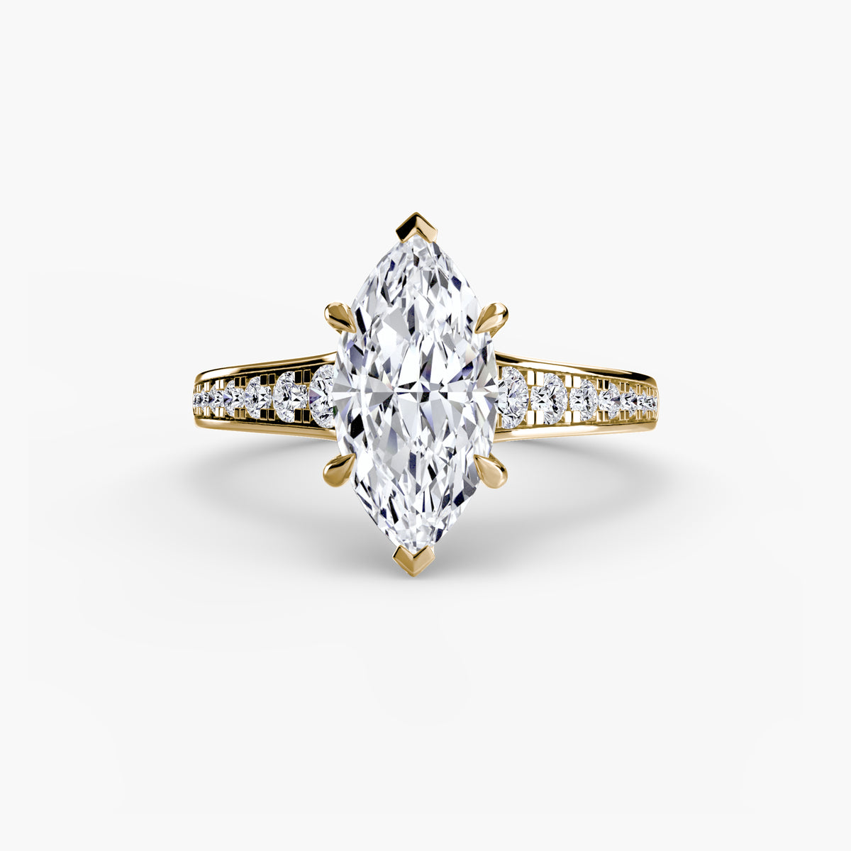Solitaire with Pavé engagement ring in yellow gold with a marquise centre stone