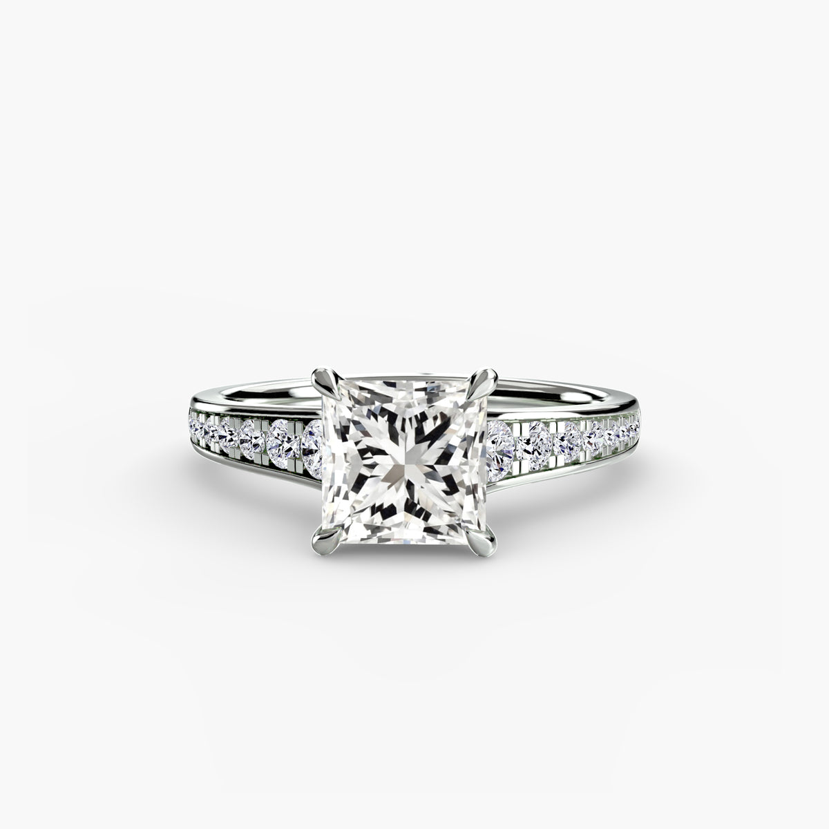 Solitaire with Pavé engagement ring in white gold with a princess-cut centre stone