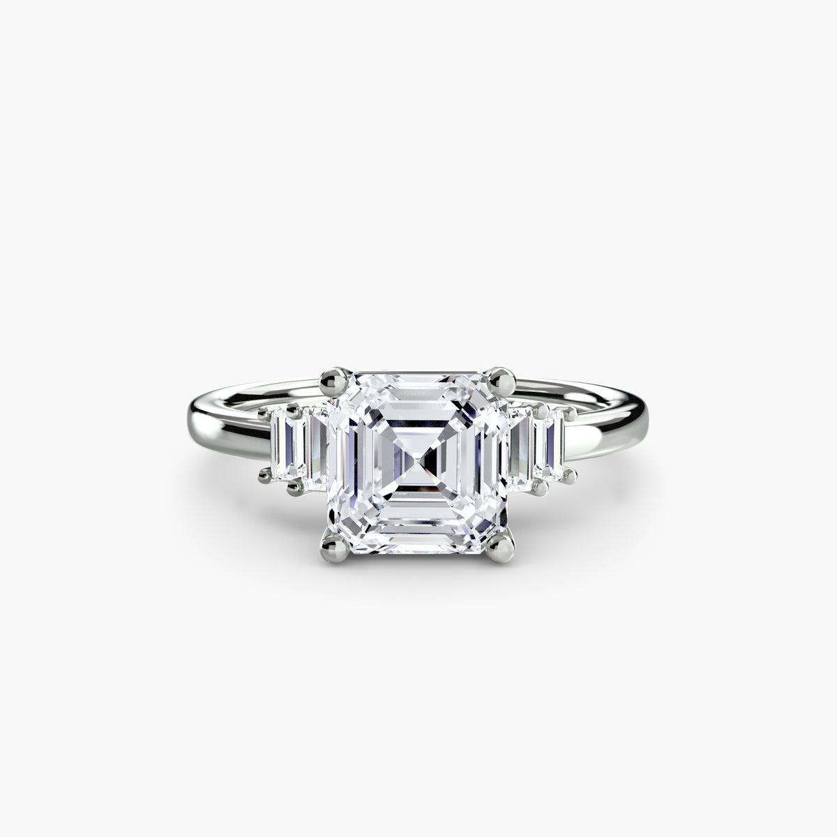 Baguette Accent Solitaire engagement ring in white gold with an Asscher-cut centre stone