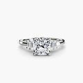 Baguette Accent Solitaire engagement ring in white gold with a cushion-cut centre stone