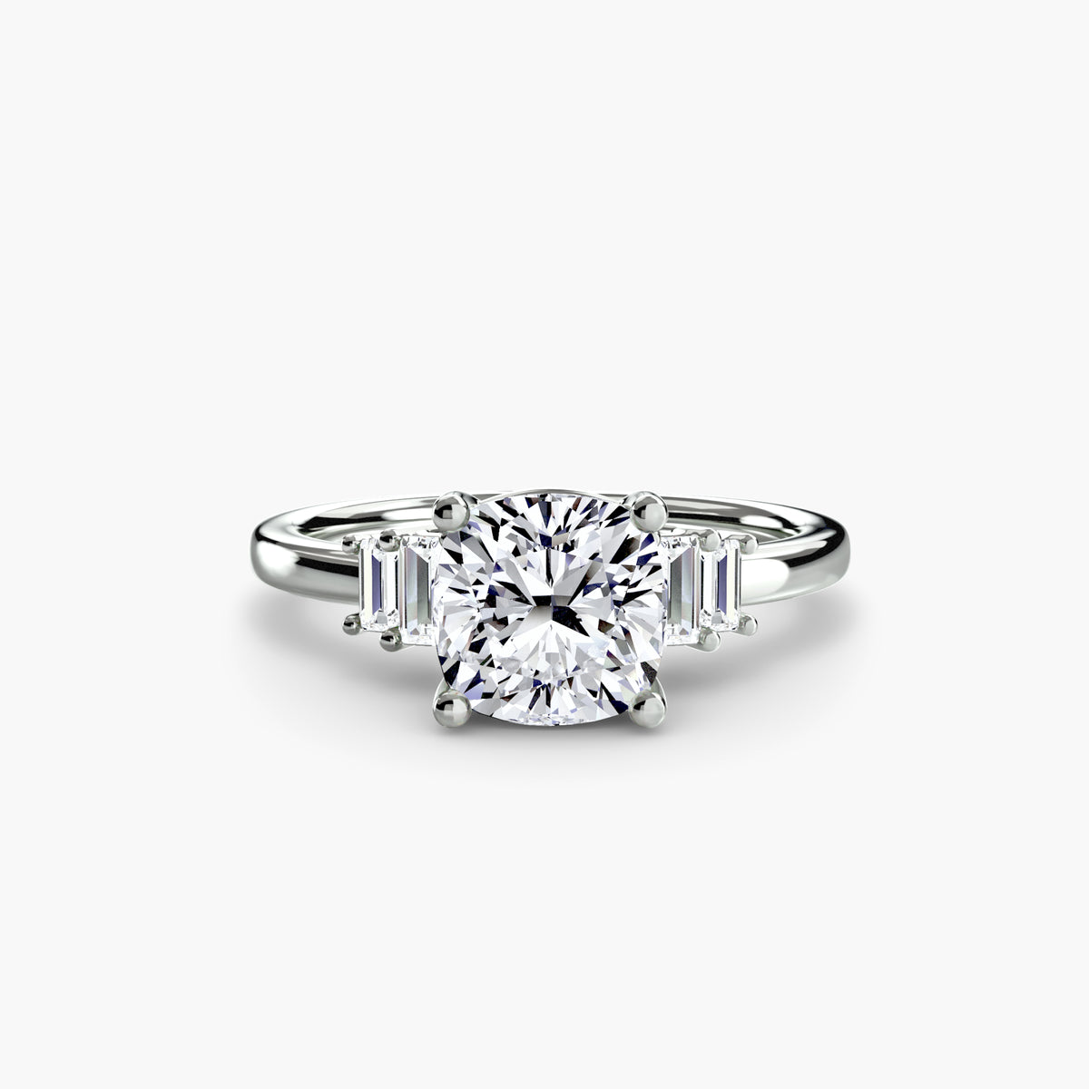 Baguette Accent Solitaire engagement ring in white gold with a cushion-cut centre stone