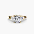 Baguette Accent Solitaire engagement ring in yellow gold with a cushion-cut centre stone