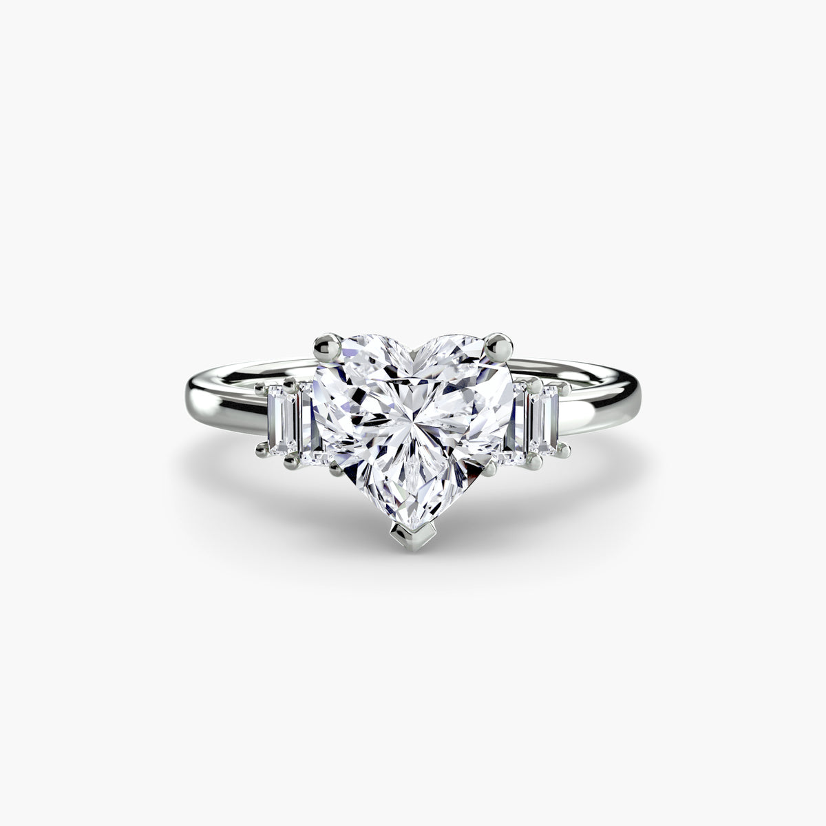 Baguette Accent Solitaire engagement ring in white gold with a heart-shaped centre stone