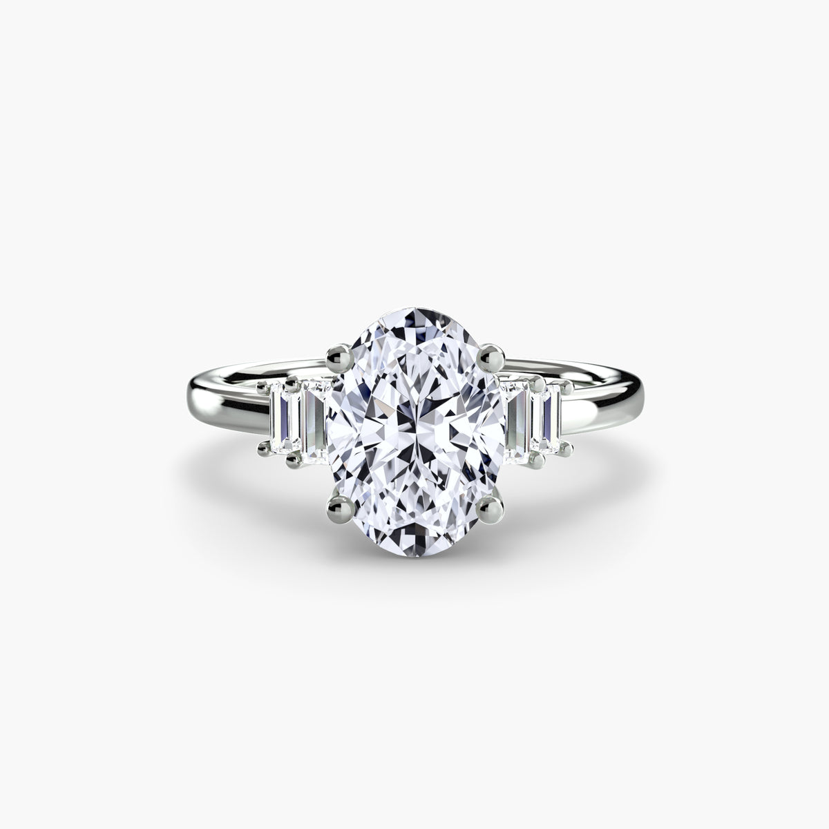 Baguette Accent Solitaire engagement ring in white gold with an oval centre stone
