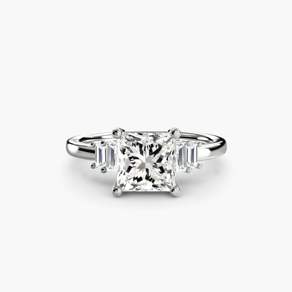 Baguette Accent Solitaire engagement ring in white gold with a princess-cut centre stone