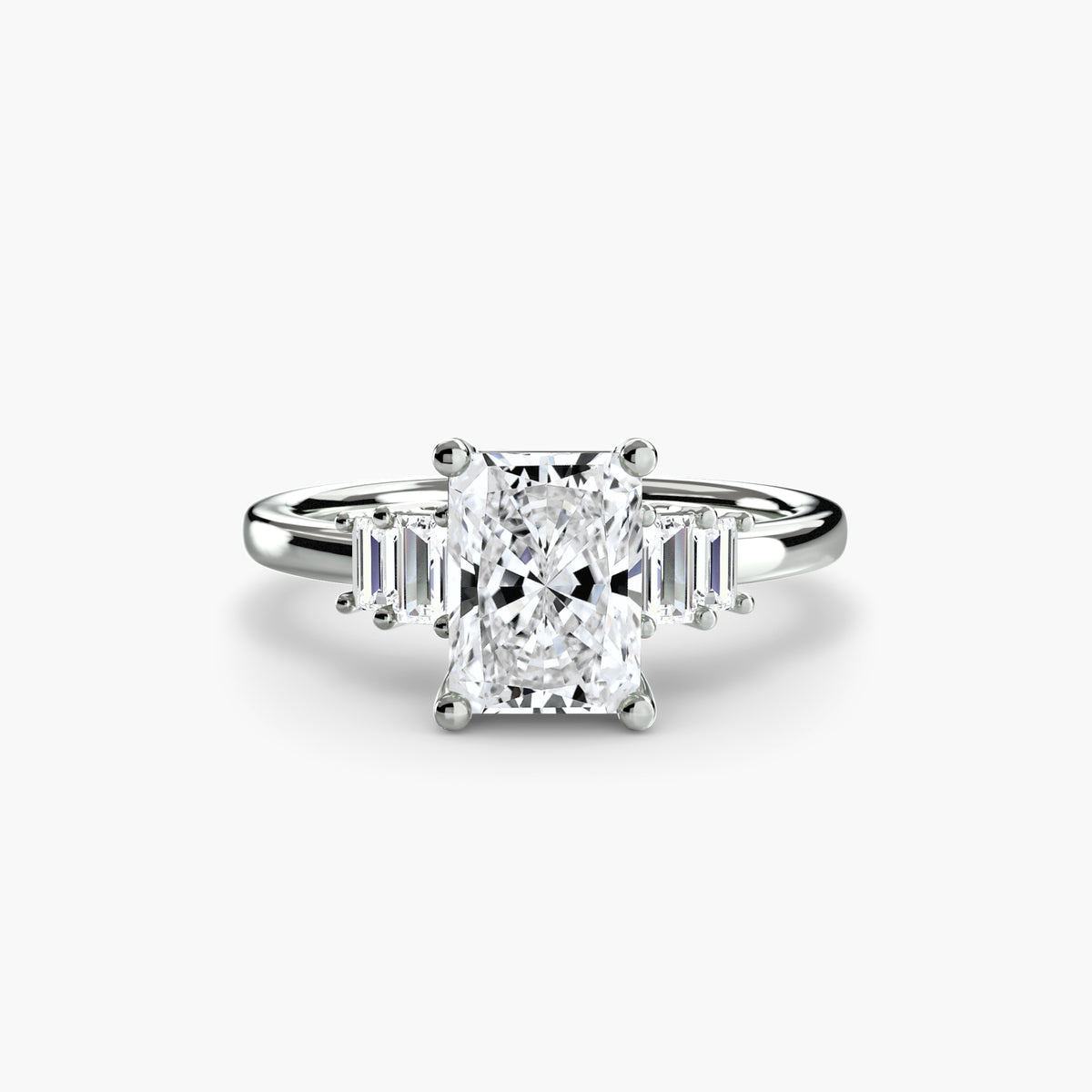 Baguette Accent Solitaire engagement ring in white gold with a radiant-cut centre stone