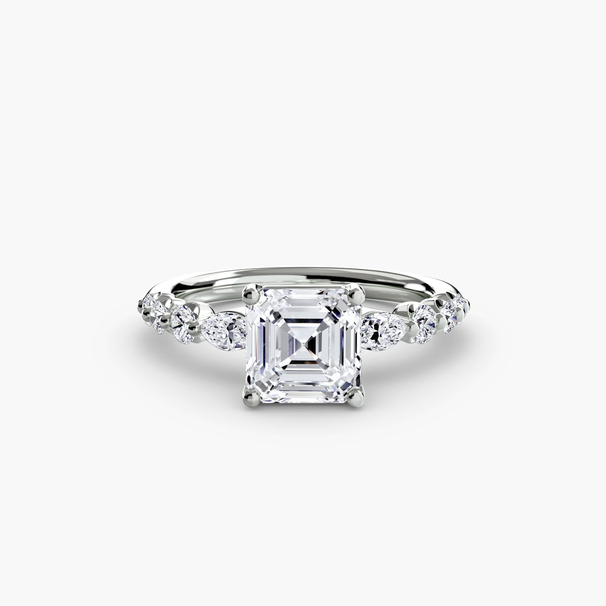 The Tiered Accent Ring in white gold with an Asscher-cut centre stone