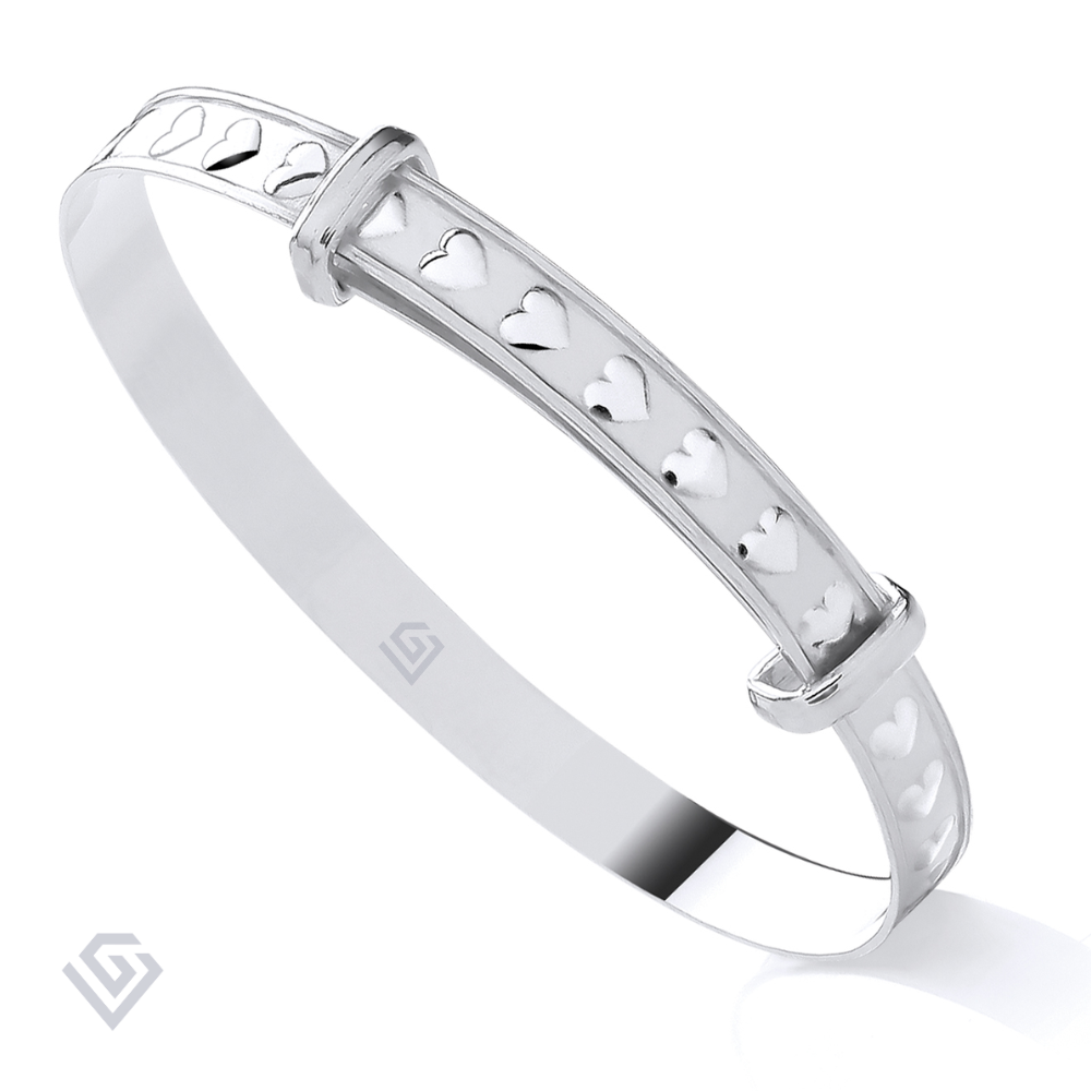 Sterling Silver 925 Expandable Baby Bangle with Heart Pattern