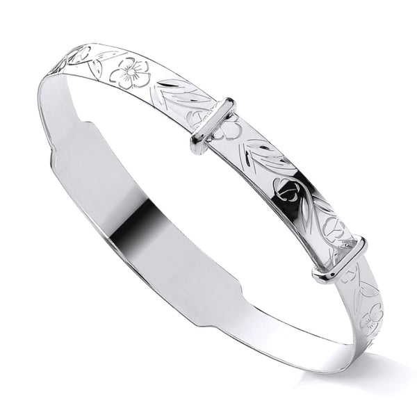 Sterling Silver Floral Patterned Engravable ID Expanding Baby Bangle – Personalised Keepsake Gift
