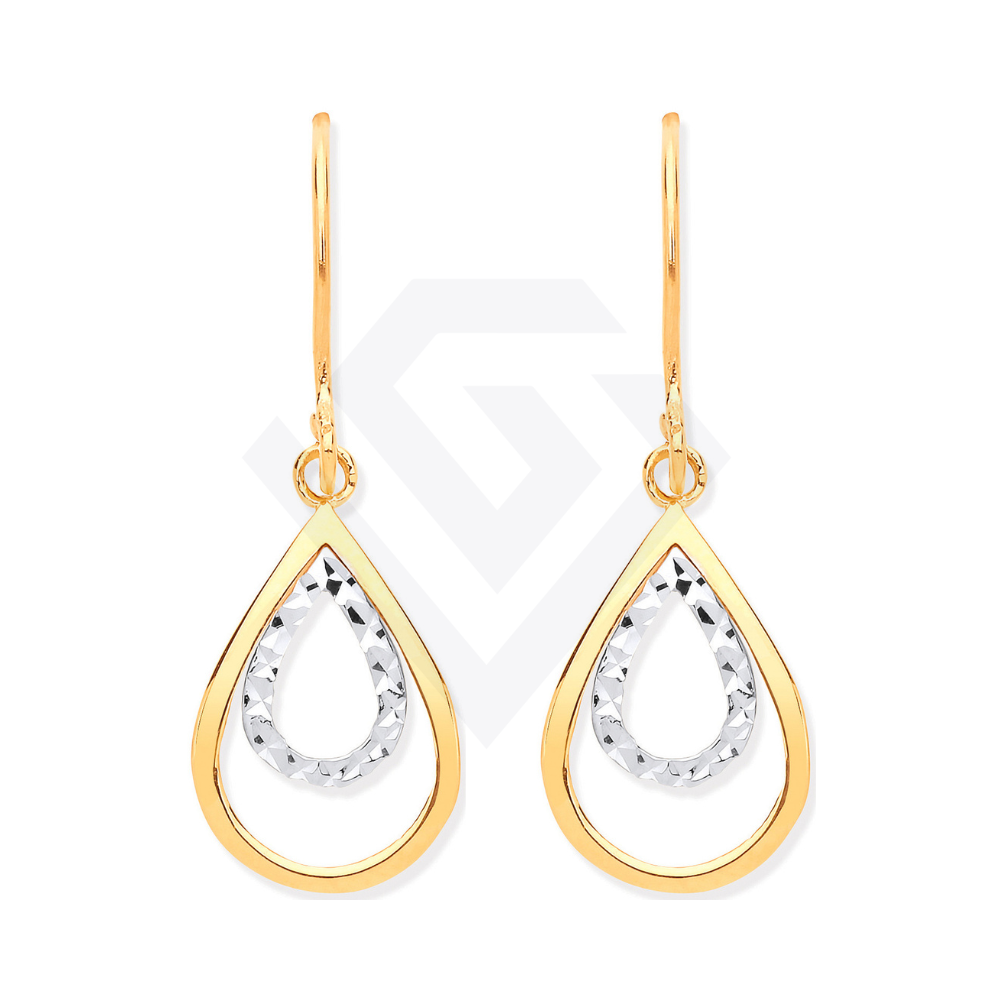 9ct Yellow & White Gold Teardrop Shaped Hook Earrings