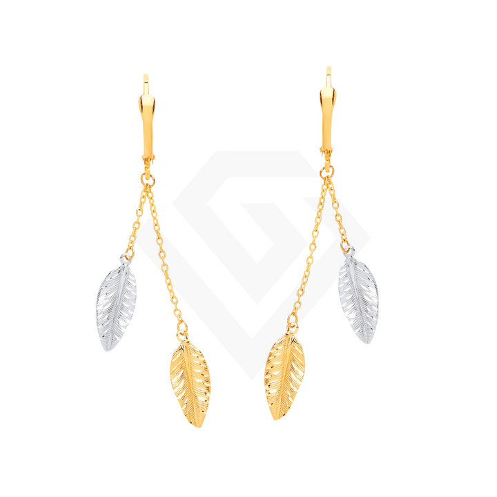 9ct Yellow & White Gold Leaf Drop Earrings: