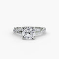 The Twisted Pavé Solitaire engagement ring in white gold with a cushion-cut centre stone
