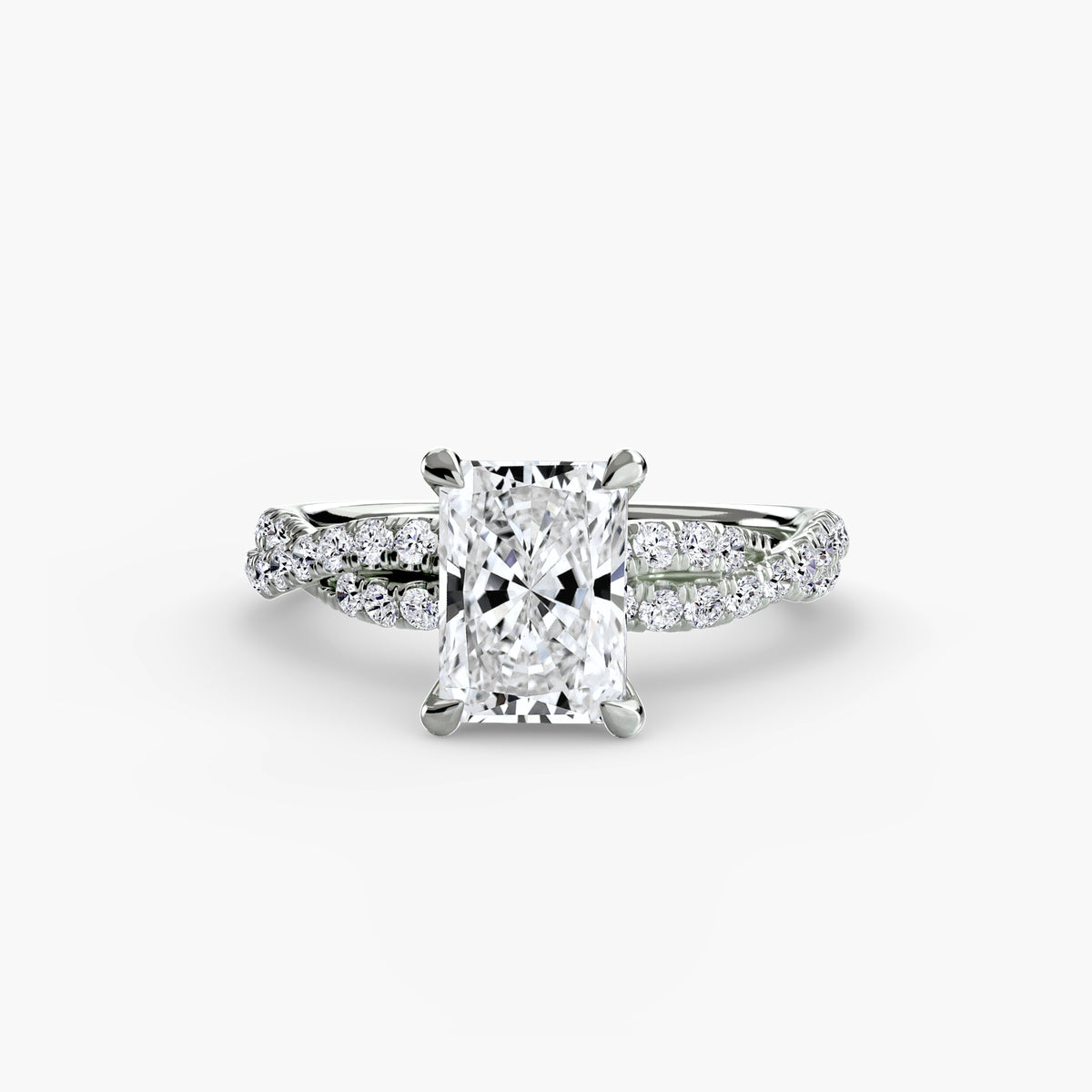 The Twisted Pavé Solitaire engagement ring in white gold with a radiant-cut centre stone