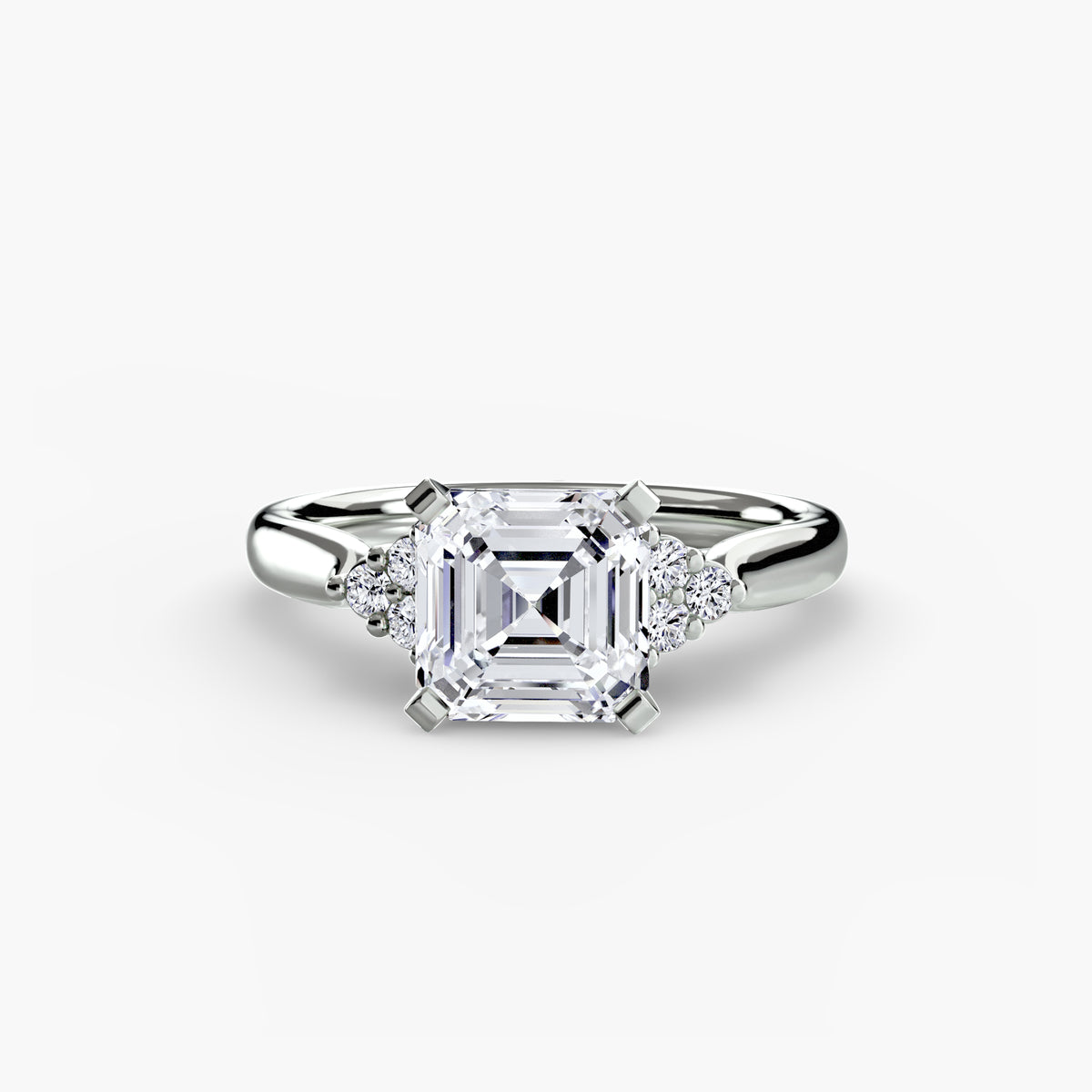 Solitaire with Cluster Shoulders engagement ring in white gold with an Asscher-cut centre stone