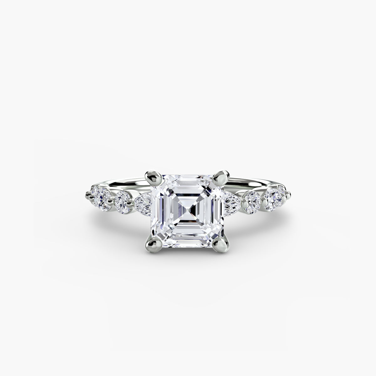 Solitaire with Eternity Pavé engagement ring in white gold with an Asscher-cut centre stone
