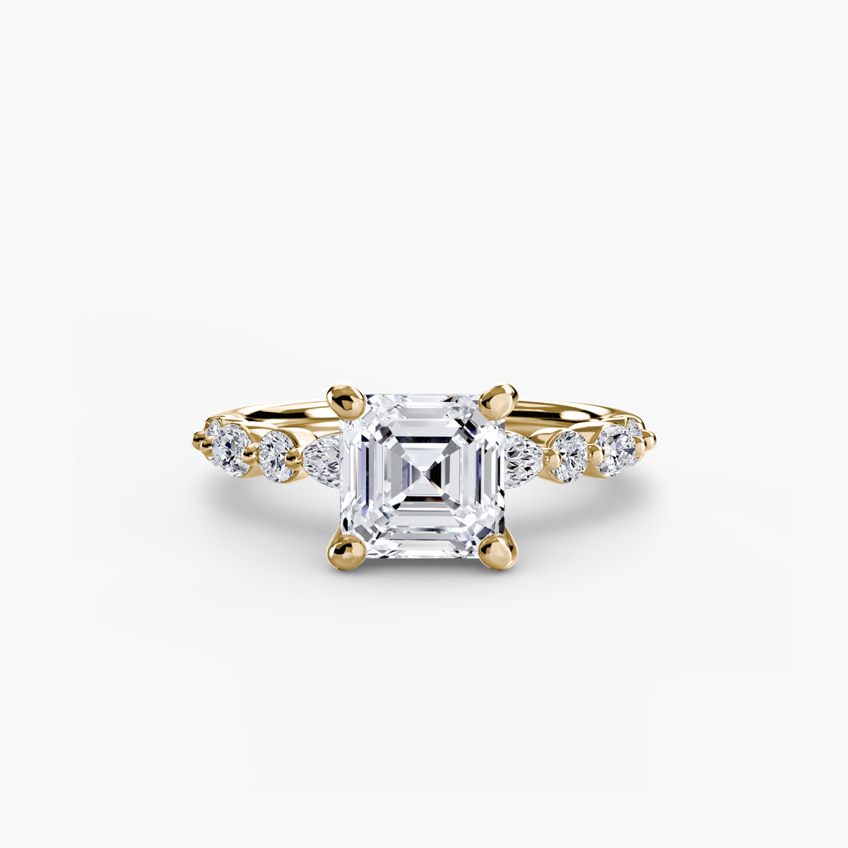 Solitaire with Eternity Pavé engagement ring in yellow gold with an Asscher-cut centre stone