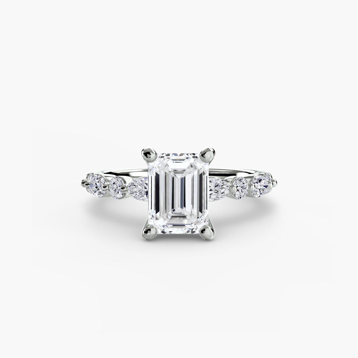Solitaire with Eternity Pavé engagement ring in white gold with an emerald-cut centre stone