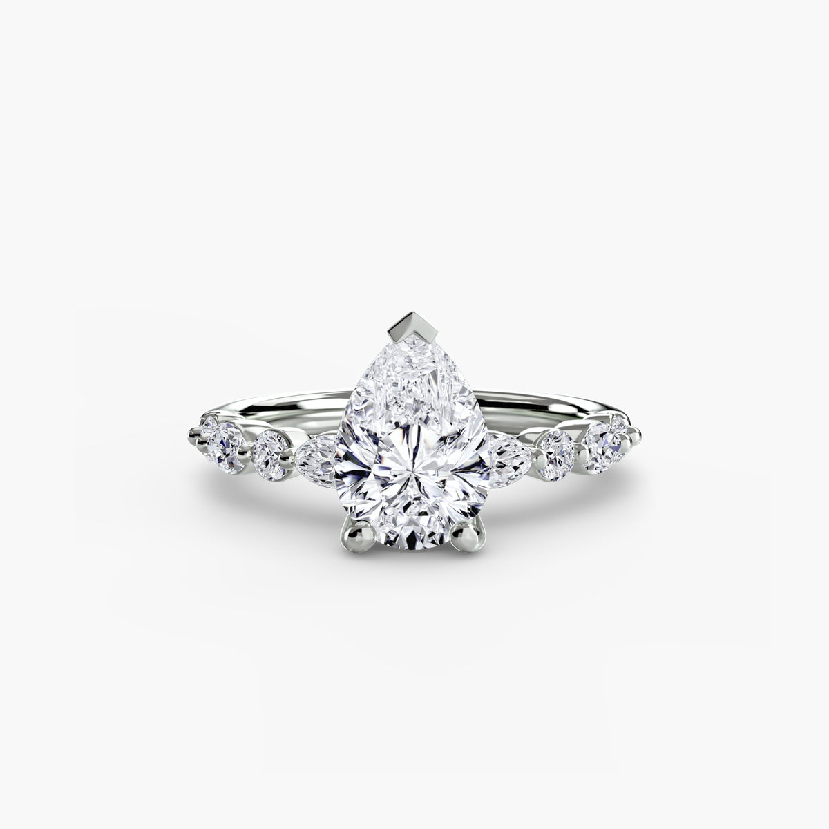 Solitaire with Eternity Pavé engagement ring in white gold with a pear-shaped centre stone