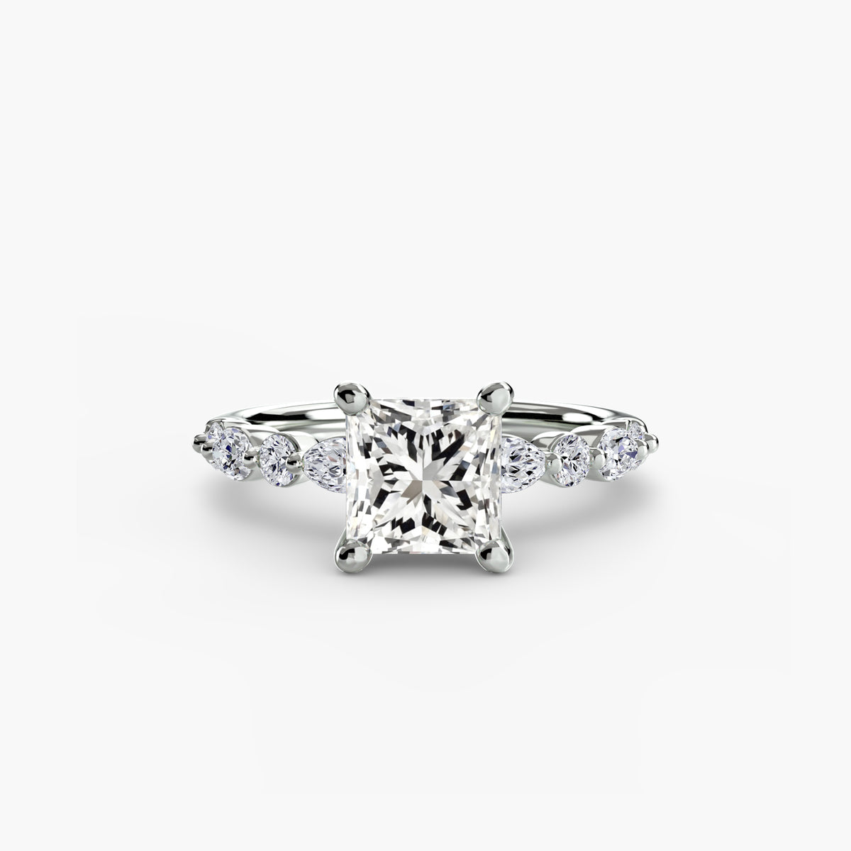 Solitaire with Eternity Pavé engagement ring in white gold with a princess-cut centre stone