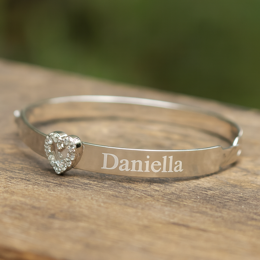 Sterling Silver 925 Personalised CZ Heart Baby ID Bangle