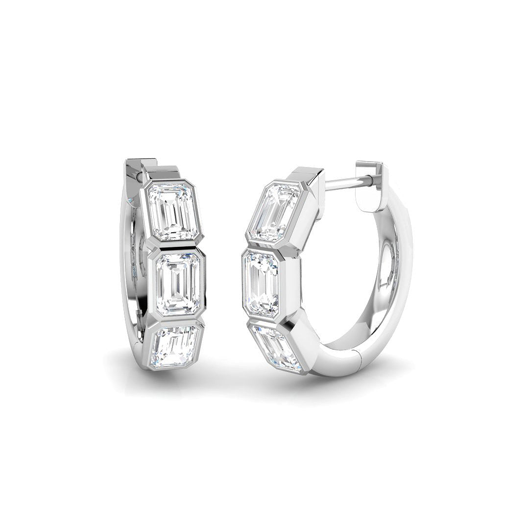 1.12ct lab-grown diamond emerald-cut rubover huggie hoop earrings in 9ct white gold