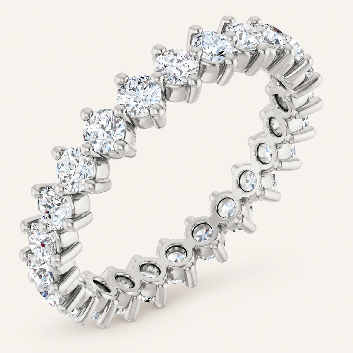 1.5ct Natural Diamond Full Eternity Ring – Elegant Claw Design in white metal on an ivory background
