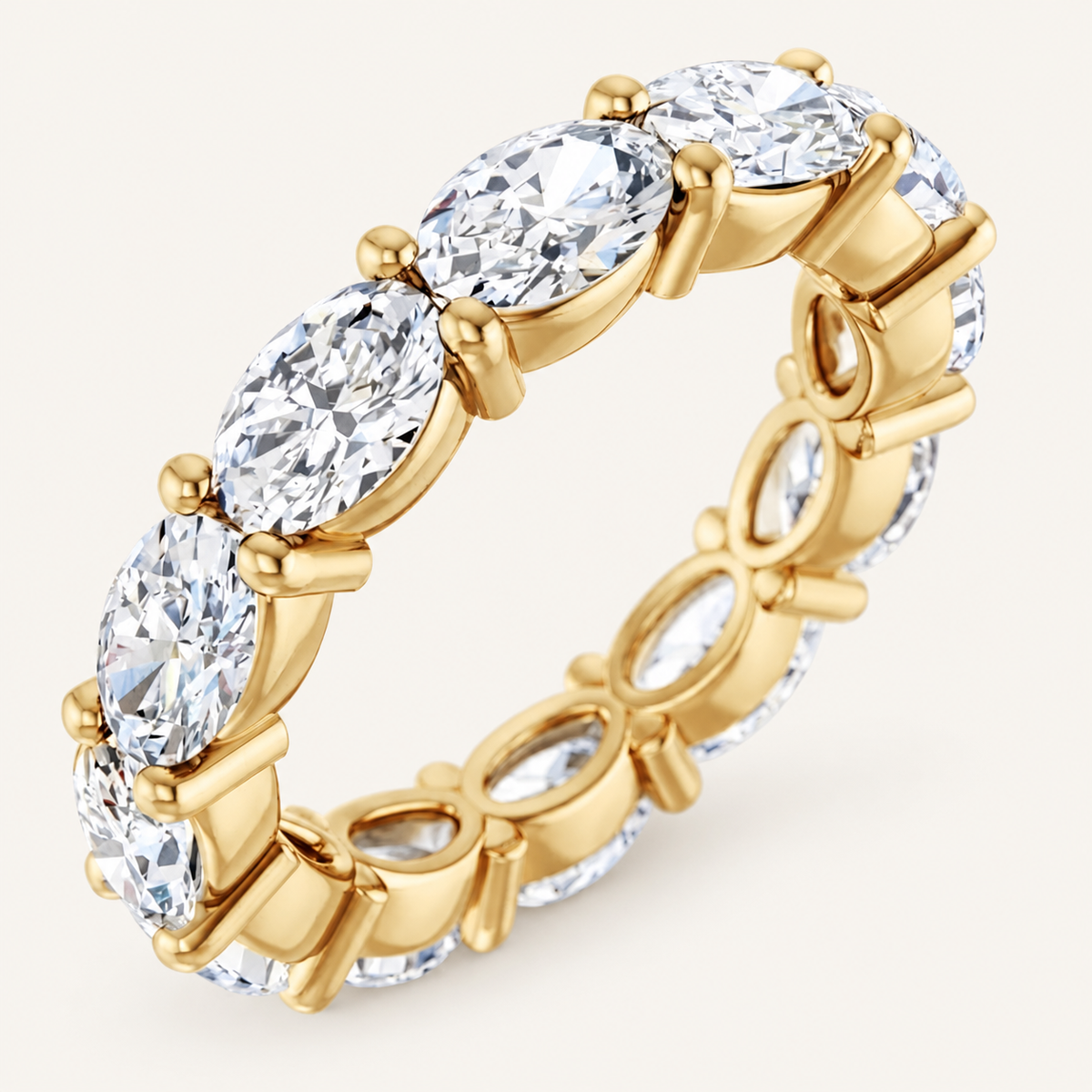 2.5ct Lab-Grown Oval Diamond Full Eternity Ring – Elegant Claw Design in yellow gold on an ivory background