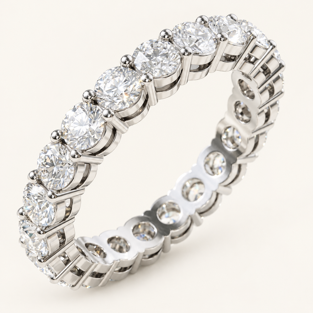 2ct natural diamond full eternity ring in white metal on an ivory background