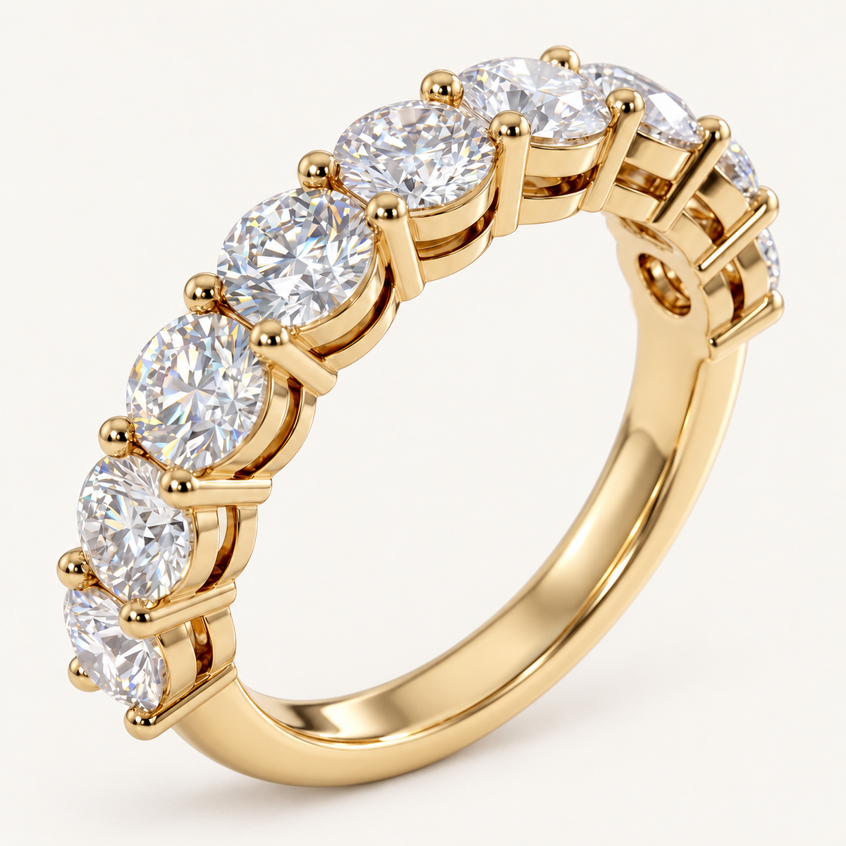 3ct lab-grown round diamond half eternity ring with a solid plain band in yellow gold on ivory
